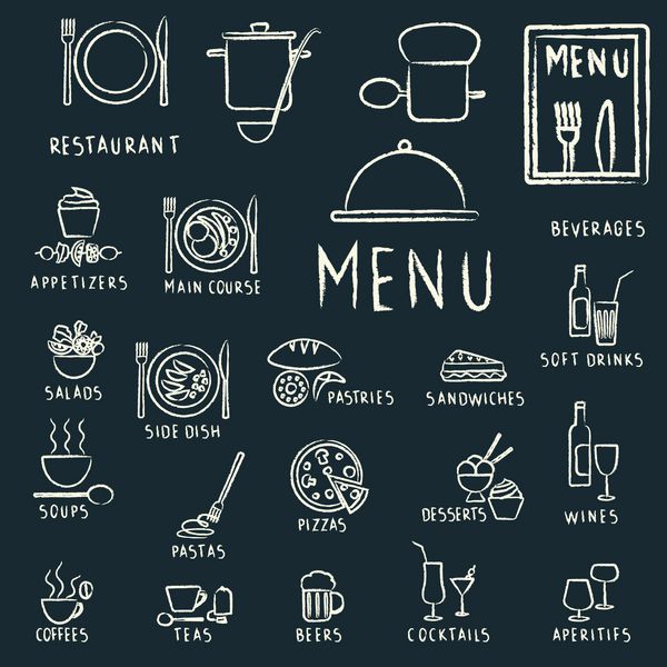 عناصر طراحی منوی رستوران با نمادهای غذا و نوشیدنی با گچ روی تخته سیاه