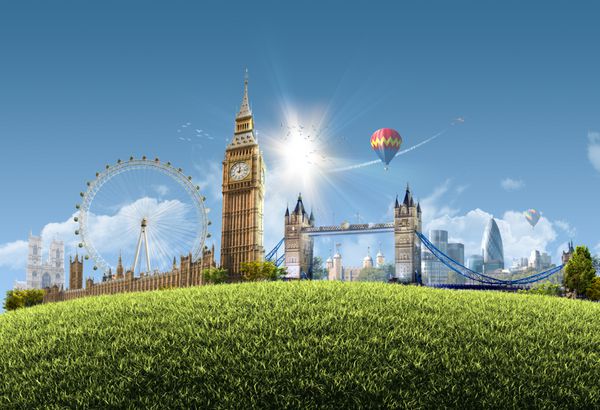 پارک تابستانی لندن - ترکیب تصویری مکان‌های دیدنی معروف لندن انگلستان - پس‌زمینه منظره‌ی شهری آفتابی با تپه‌های چمن‌زار و آسمان آبی شفاف - عالی برای پوستر کارت یا بنر