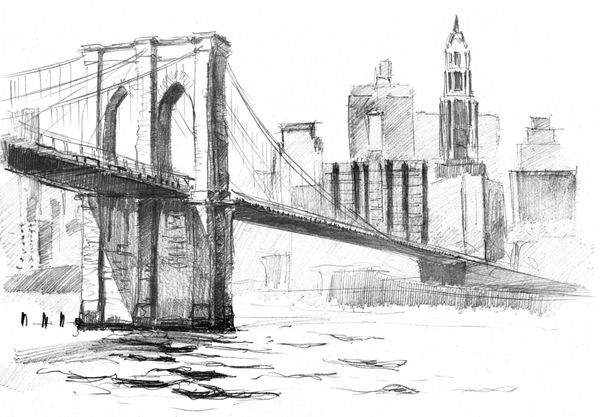 طراحی منظره با مداد با مجموعه ای از آسمان خراش ها و پل بروکلین در نیویورک