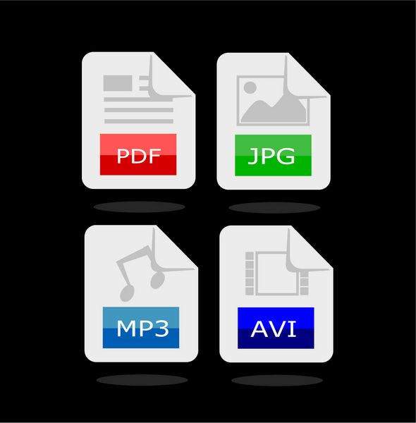 آیکون های چهار نوع فایل - وکتور pdf jpg mp3 و avi