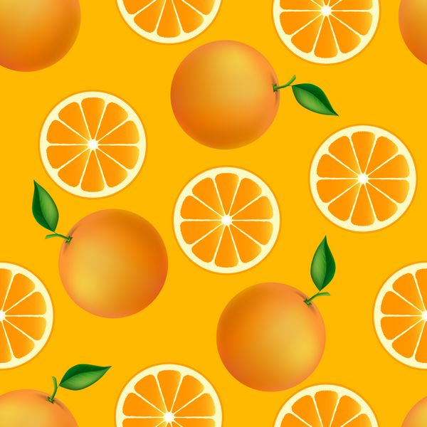 الگوی بدون درز مرکبات با پرتقال بافت میوه ای با پرتقال در پس زمینه نارنجی وکتور