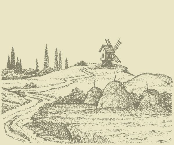 منظره وکتور جاده منتهی به آسیاب بادی قدیمی بر روی تپه ای که توسط مزارع گندم با انبار کاه احاطه شده است