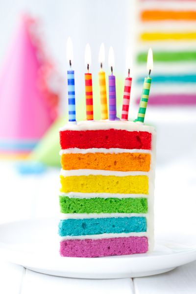 کیک رنگین کمانی تزئین شده با شمع تولد