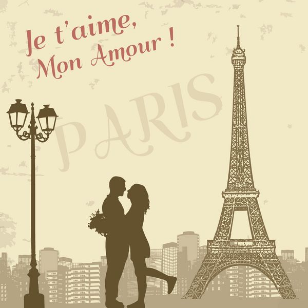 پوستر گرانج رترو پاریس با عشاق و منظره شهری وکتور