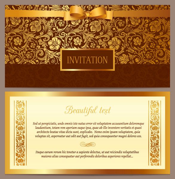 مجموعه وکتور دعوتنامه افقی لوکس قدیمی با طرح و حاشیه زیبا قهوه ای و طلایی