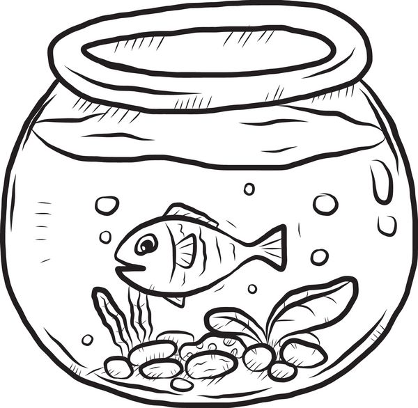 ماهی در کاسه وکتور کارتونی و تصاویر سیاه و سفید طراحی شده با دست سبک طرح جدا شده در پس زمینه سفید