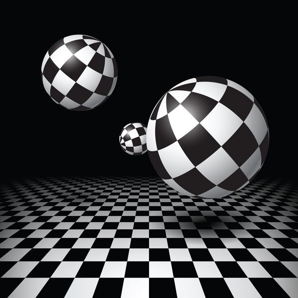 توپ های سیاه و سفید جادویی روی زمین شطرنجی