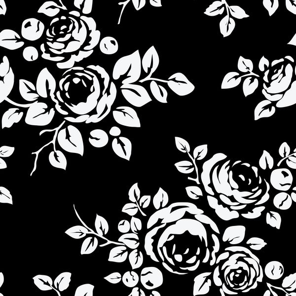 الگوی وینتیج بدون درز با گل پس زمینه تک رنگ مشکی با سیلوئت های گل