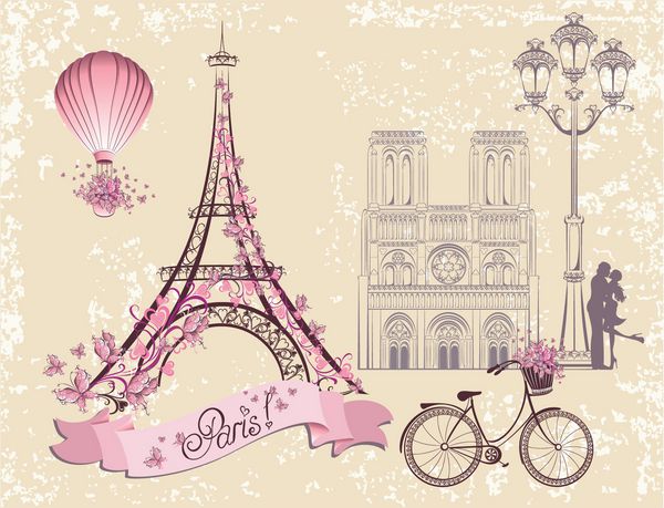 نمادها و نشانه های پاریس کارت پستال عاشقانه از پاریس مجموعه وکتور