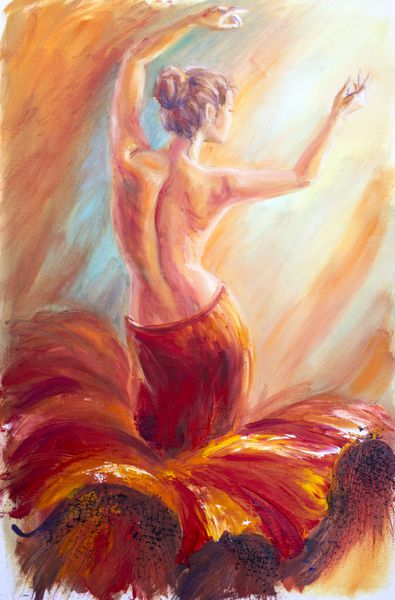 زن زیبای رقصنده قرمزپوش رنگ روغن