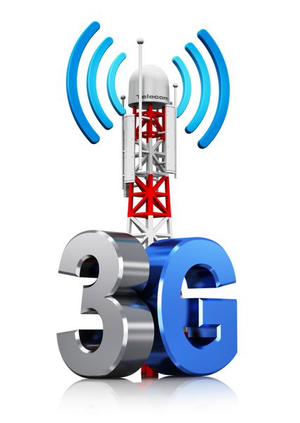 فناوری مخابرات سلولی دیجیتال 3g و مفهوم تجاری اتصال بی‌سیم ایستگاه پایه تلفن همراه یا پایه آنتن فرستنده تلویزیون با علامت نماد یا آرم 3g جدا شده در پس‌زمینه سفید