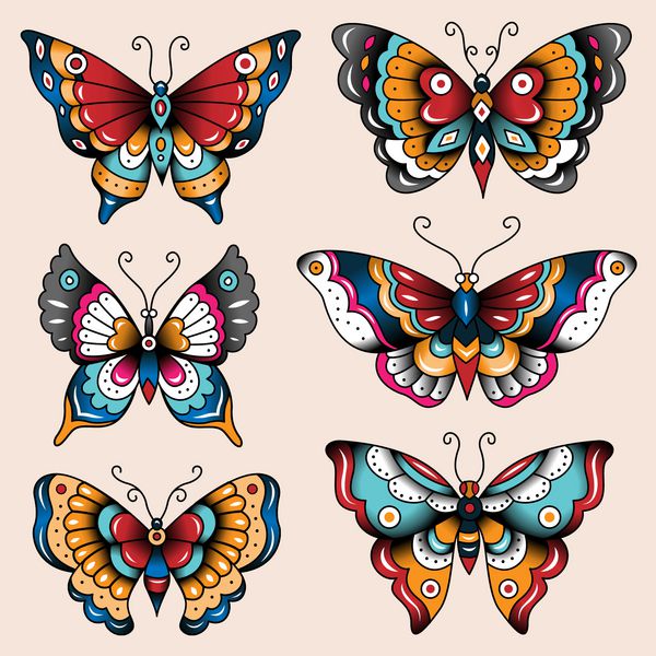 مجموعه ای از پروانه های هنری مدرسه قدیمی برای طراحی و دکوراسیون