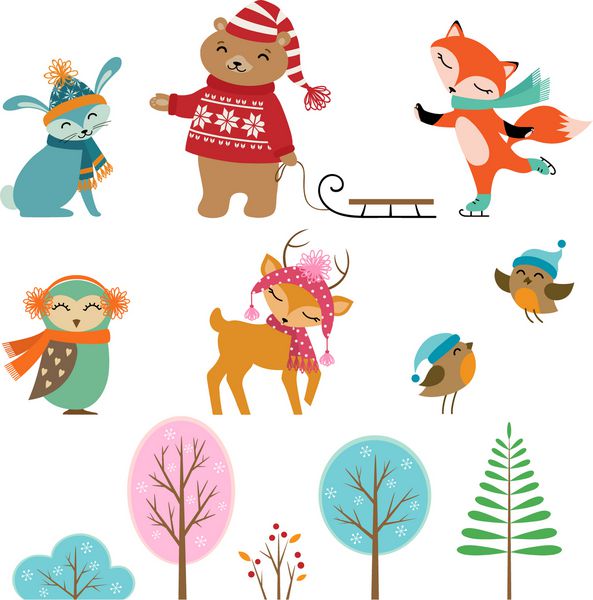 مجموعه ای از حیوانات زیبا و درختان زمستانی برای طراحی شما