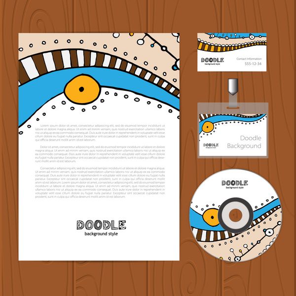 وکتور الگوی هویت شرکتی با عناصر doodle کارت ویزیت دیسک سند نشان