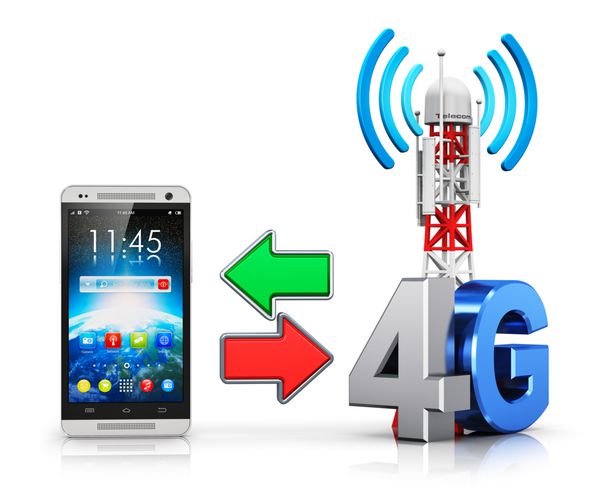 فناوری مخابرات سلولی دیجیتال 4g و مفهوم تجاری اتصال بی سیم تلفن هوشمند و ایستگاه پایه تلفن همراه یا پایه آنتن فرستنده تلویزیون با علامت یا نماد 4g جدا شده روی سفید