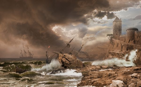 طوفان با یک کشتی شکسته - پو مونتاژ پس از نقاشی کلود جوزف ورن