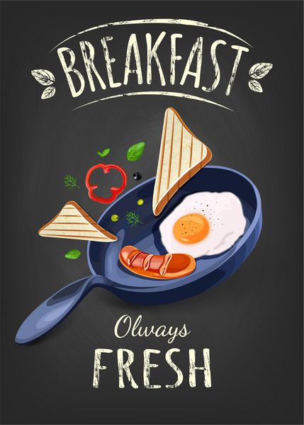 پوستر صبحانه تخم مرغ سرخ شده و سوسیس روی ماهیتابه وکتور صبحانه همیشه تازه