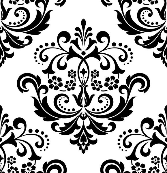 الگوی گلدار بدون درز کاغذ دیواری سلطنتی گل در زمینه سیاه و سفید وکتور زیور
