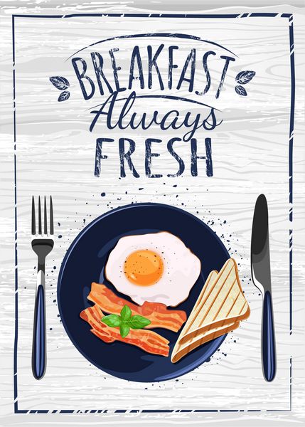 پوستر صبحانه تخم مرغ و بیکن سرخ شده در بشقاب آبی وکتور صبحانه همیشه تازه