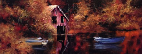 نقاشی خانه قایق دریاچه برکه