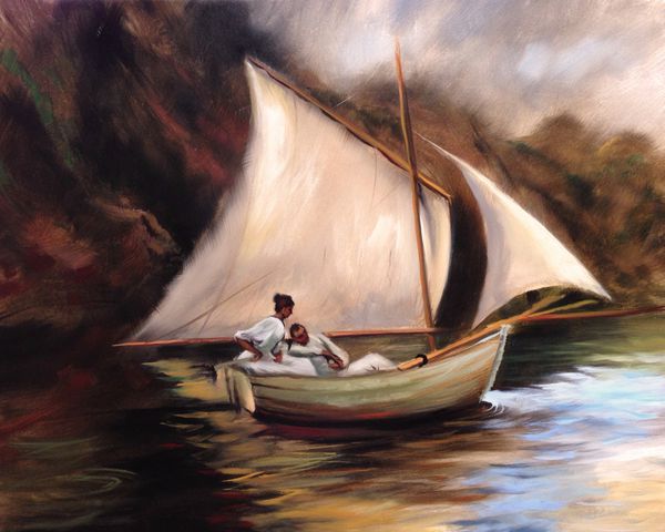 زن و شوهر قایق بادبانی نقاشی قدیمی عاشقانه نقاشی نوستالژیک قدیمی