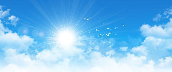 منظره ابری پانوراما پس زمینه آسمان آبی با وضوح بالا خورشید و پرندگانی که از میان ابرهای سفید عبور می کنند