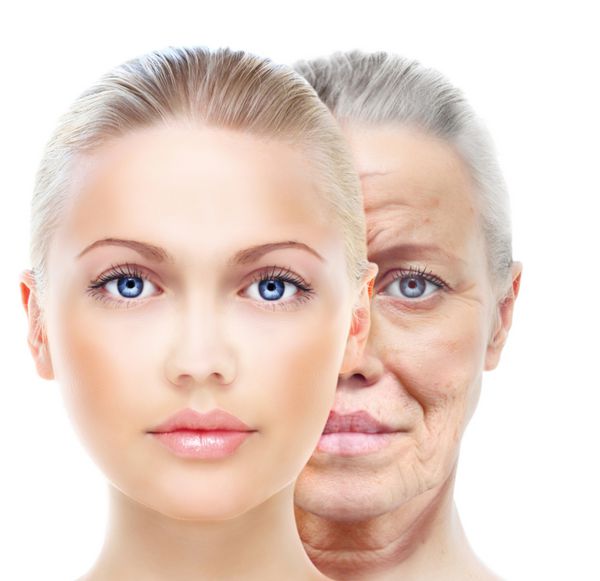 زن پیر و جوان جدا شده روی سفید قبل و بعد از روتوش درمان زیبایی مفهوم پیری