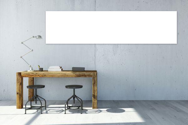 بوم پانورامای سفید خالی روی دیوار دفتر روی میز رندر سه بعدی