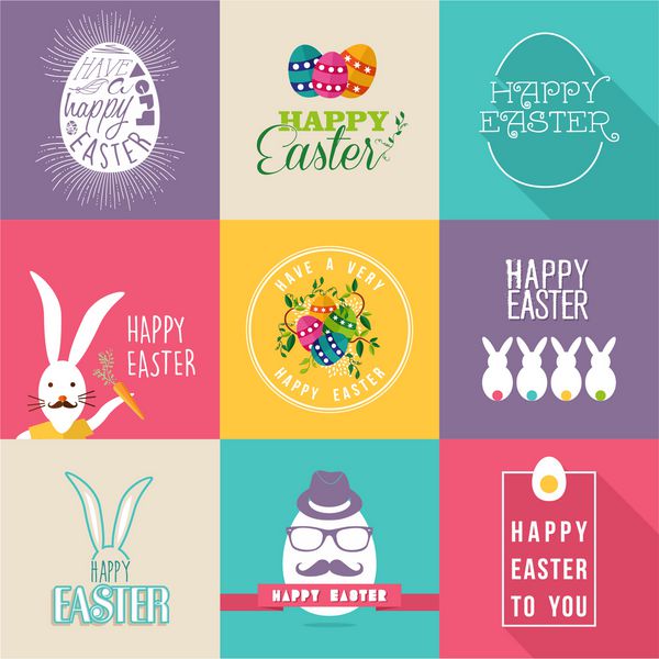 مجموعه ای از طراحی برچسب های رنگارنگ تخت برای عید پاک با گل تخم مرغ و عناصر خرگوش ایده آل برای کارت تبریک پوستر و قالب وب فایل وکتور