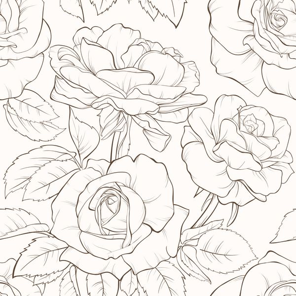 الگوی بدون درز گل های قدیمی با گل های رز دست کشیده عنصر برای طراحی خطوط و سکته های کانتور با دست کشیده شده است