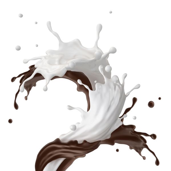 پاشیدن نوشیدنی میلک شیک شکلاتی مخلوط آب پاش فواره ای جدا شده در پس زمینه سفید
