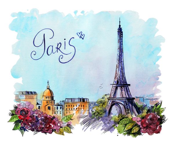 طراحی با دست روی کاغذ رایت پس زمینه زیبا با پاریس تصویر آبرنگ با جوهر با برج ایفل نمای شهر با گلهای زیبا و بلند کتیبه با دست
