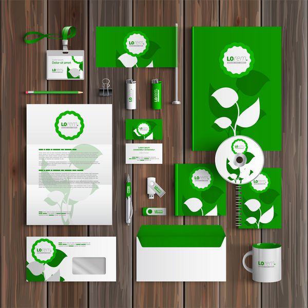 طراحی الگوی هویت سازمانی سبز گلدار با برگ لوازم التحریر تجاری