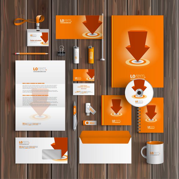 طراحی قالب هویت سازمانی نارنجی با فلش قرمز لوازم التحریر تجاری