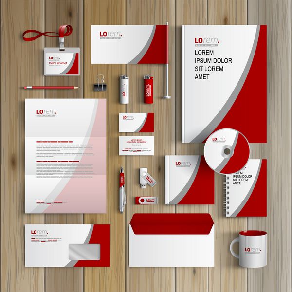 طراحی قالب هویت سازمانی کلاسیک سفید با خطوط قرمز و خاکستری لوازم التحریر تجاری