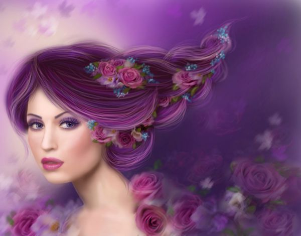 تصویر زن پری فانتزی زیبا با مدل موی بنفش و گل