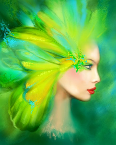 پرتره فانتزی زن زیبا پروانه تابستانی سبز بهار تصویر انتزاعی