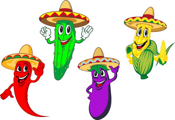 کاراکترهای کارتونی فلفل خیار ذرت و سبزیجات بادمجان در سومبروهای مکزیکی همراه با خندان شاد مناسب برای بسته بندی غذا یا طراحی منو