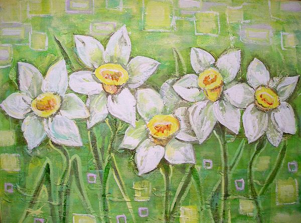 نرگس های سفید بهاری در زمینه نقاشی اکریلیک زیبا گل نرگس بهار یا نرگس بوم دکور داخلی نقاشی طبیعت بی جان