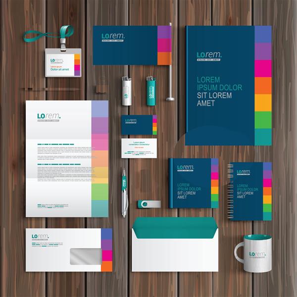 طراحی قالب هویت شرکتی آبی با عناصر مربع رنگی لوازم التحریر تجاری