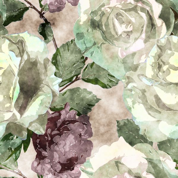 الگوی گلدار آبرنگ وینتیج هنری با گل رز سفید و گل صد تومانی بنفش در زمینه بژ