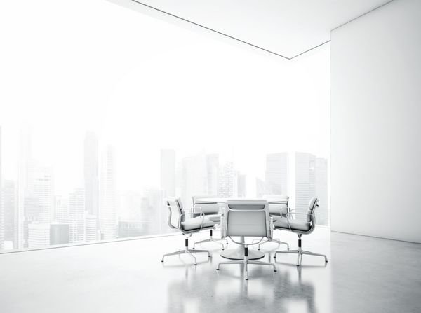 اتاق جلسه سفید با نمای پانوراما شهر رندر سه بعدی