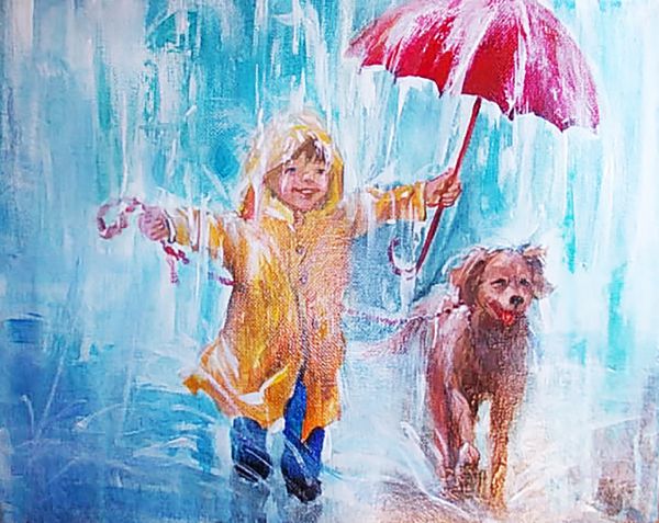 نقاشی رنگ روغن نوجوان مهربانی کودک با سگ زیر باران
