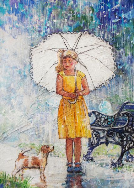 نقاشی رنگ روغن نوجوان مهربانی کودک با سگ زیر باران