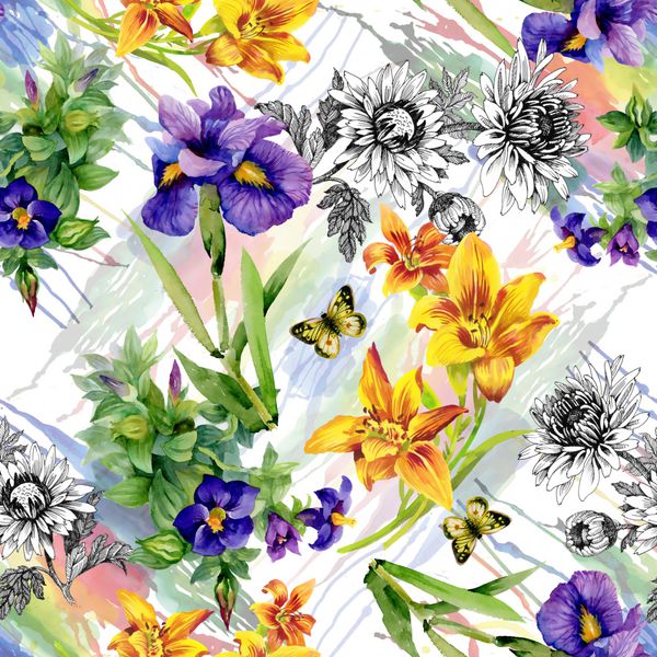 الگوی بدون درز آبرنگ گل های باغچه با پروانه ها در پس زمینه سفید