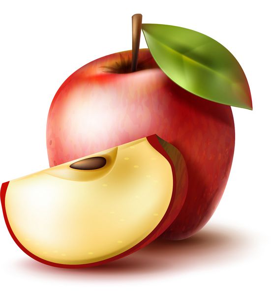 سیب قرمز واقع گرایانه آبدار با تکه سیب در پس زمینه سفید