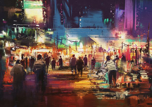 نقاشی شهر خیابانی خرید با نور رنگارنگ تصویر