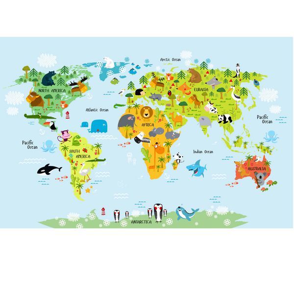 نقشه وکتور از جهان با حیوانات
