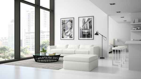 طراحی داخلی اتاق زیر شیروانی مدرن رندر سه بعدی رنگ سفید