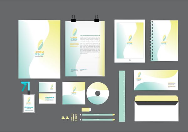 رنگ زرد و آبی با منحنی گرافیکی قالب هویت شرکتی برای کسب و کار شما شامل طرح های جلد سی دی کارت ویزیت پوشه خط کش پاکت نامه و طرح های سر نامه